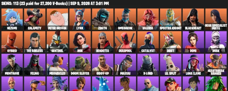 Fortnite account inventory for LVL 1730 - Nezumi - Calamity - 113 Outfits