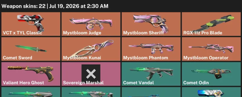 Valorant Accounts listing: LVL 49 · Comet Sword & Mystbloom Kunai · 22 Skins - Diamond 2, 22 skins