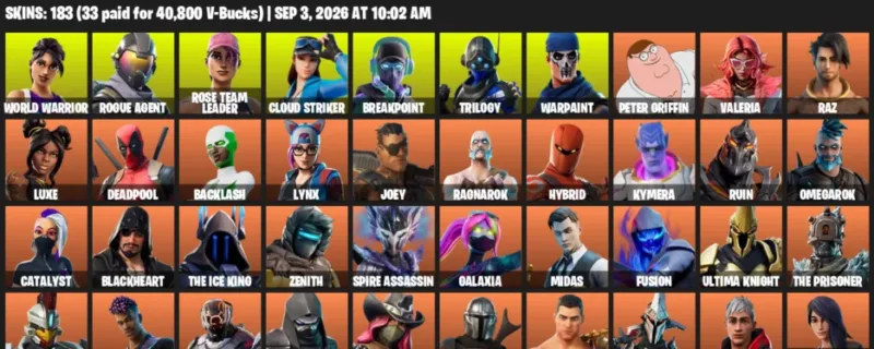 Fortnite account inventory for LVL 2454 - World Warrior - Rogue Agent - 183 Outfits