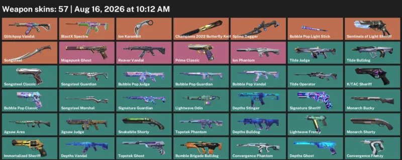 Valorant account inventory for LVL 141 · 57 Skins Champions 2022 Butterfly Knife & Ion Karambit