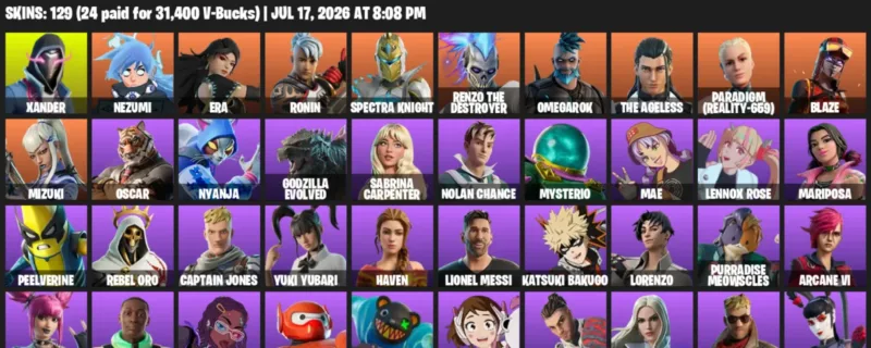 Fortnite Accounts listing: LVL 1299 - Xander - Nezumi - 129 Outfits - 129 outfits