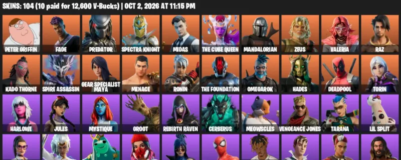 Fortnite account inventory for Peter Griffin - Fade - 104 Outfits