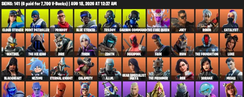 Fortnite account inventory for LVL 1905 - Cloud Striker - Point Patroller - 141 Outfits