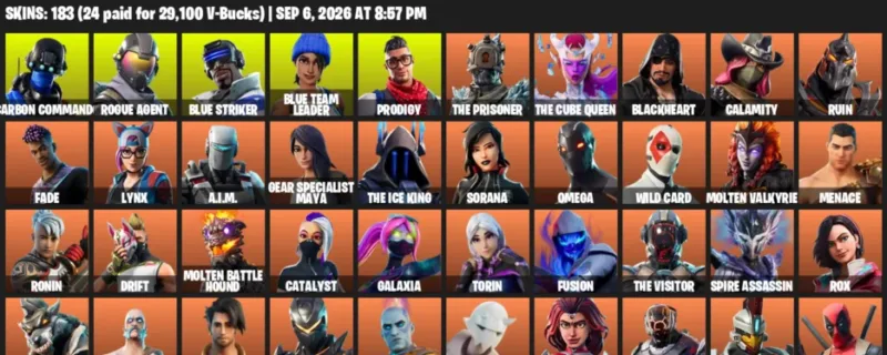 Fortnite account inventory for LVL 2052 - Carbon Commando - Rogue Agent - 183 Outfits