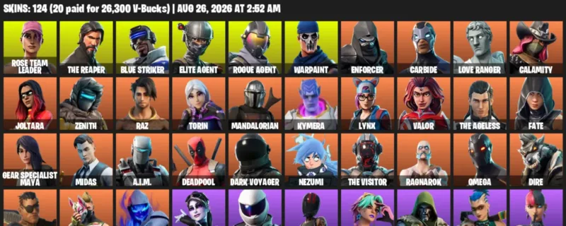 Fortnite account inventory for LVL 1704 - Rose Team Leader - The Reaper - 124 Outfits