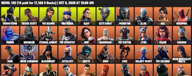 Fortnite account inventory for Indigo Kuno - Travis Scott - 120 Outfits