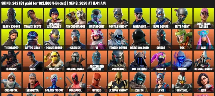 Fortnite account inventory for LVL 3002 - Black Knight - Travis Scott - 242 Outfits