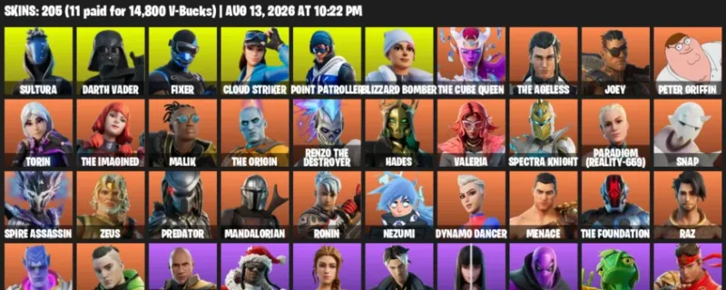 Fortnite account inventory for LVL 2717 - Sultura - Darth Vader - 205 Outfits