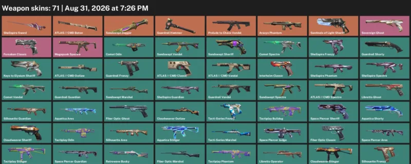 Valorant account inventory for LVL 128 · Araxys Phantom & 71 Skins Sandswept Dagger