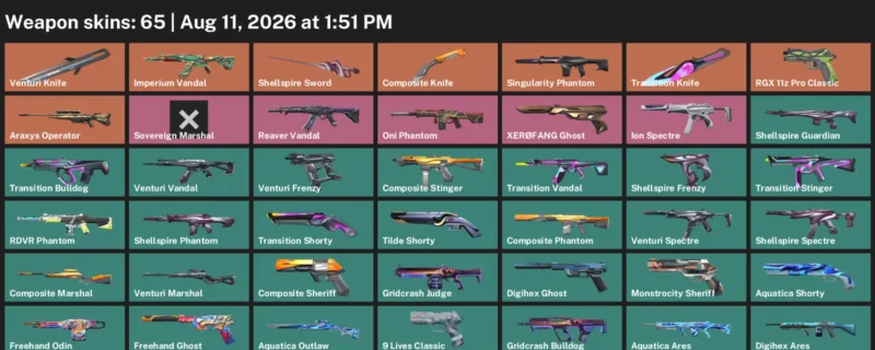 Valorant account inventory for LVL 156 · Transition Knife & Venturi Knife
