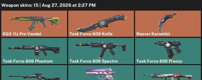 Valorant account inventory for LVL 58 · Reaver Karambit & Task Force 809 Knife