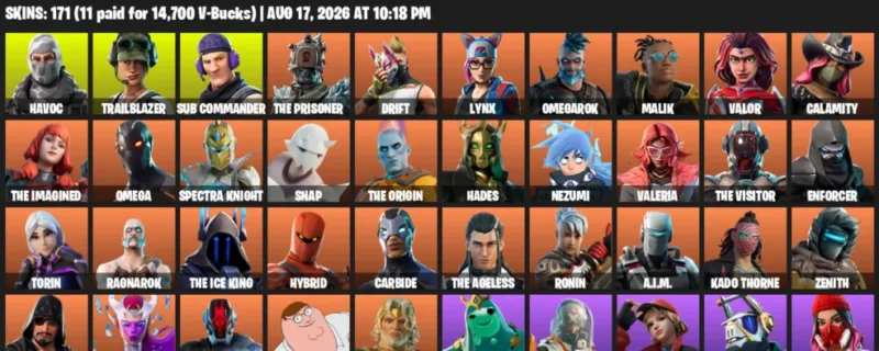 Fortnite account inventory for LVL 2690 - Havoc - Trailblazer - 171 Outfits