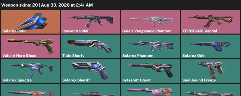 Valorant account inventory for LVL 122 · Reaver Vandal & Solarex Phantom