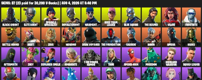 Fortnite account inventory for LVL 1139 - Black Knight - Elite Agent - 87 Outfits