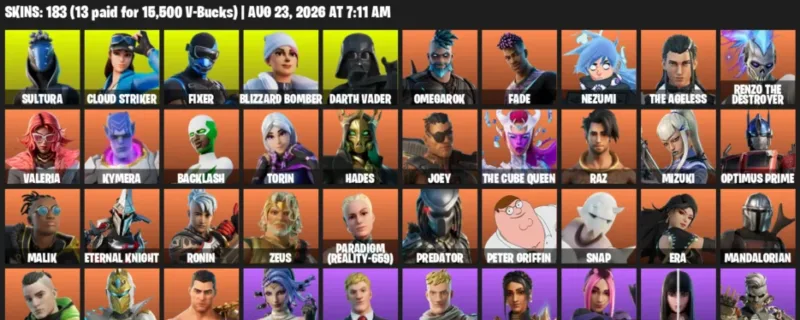 Fortnite account inventory for LVL 3341 - Sultura - Cloud Striker - 183 Outfits