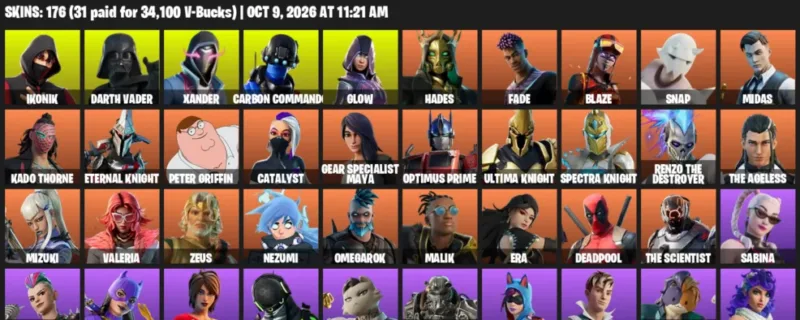 Fortnite account inventory for IKONIK - Darth Vader - 120 Outfits