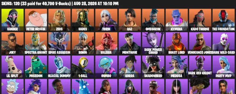 Fortnite account inventory for LVL 2704 - Xander - Peter Griffin - 120 Outfits