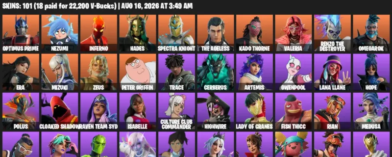 Fortnite account inventory for LVL 1096 - Optimus Prime - Nezumi - 101 Outfits