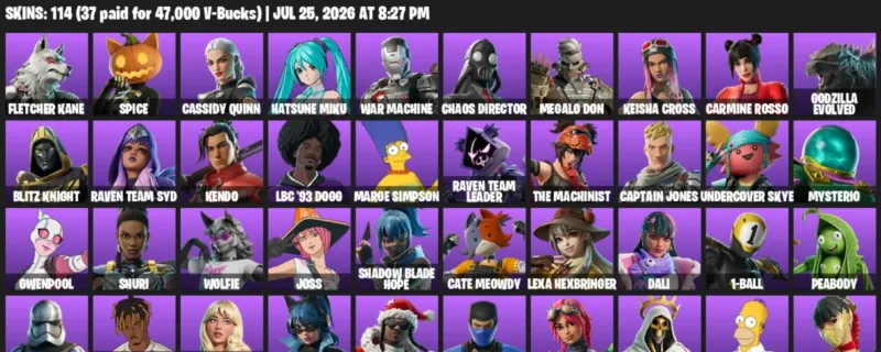 Fortnite Accounts listing: LVL 1422 - Fletcher Kane - Spice - 114 Outfits - 114 outfits
