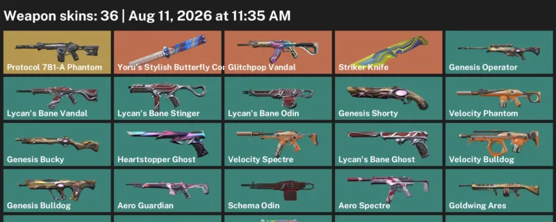 Valorant account inventory for LVL 86 · 36 Skins Striker Knife & Aero Spectre