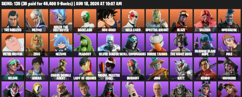 Fortnite account inventory for LVL 1798 - The Ageless - Mizuki - 135 Outfits