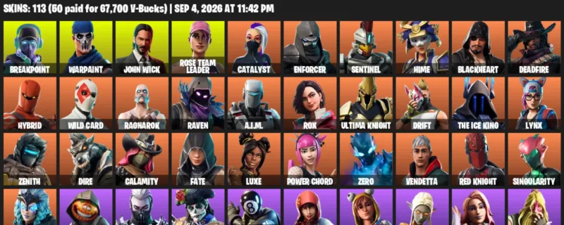 Fortnite account inventory for LVL 614 - Breakpoint - Warpaint - 113 Outfits
