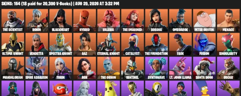 Fortnite account inventory for LVL 3810 - The Scientist - Ronin - 154 Outfits
