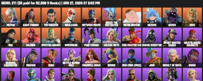 Fortnite account inventory for LVL 1765 - Mizuki - Kado Thorne - 211 Outfits