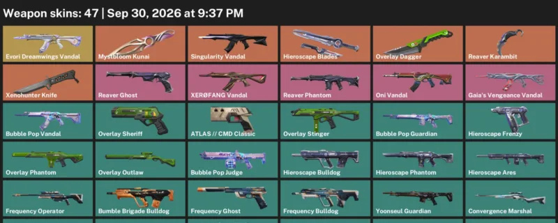 Valorant account inventory for LVL 74 · Reaver Karambit & Xenohunter Knife