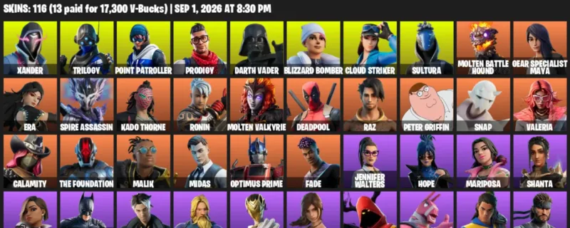 Fortnite account inventory for LVL 2088 - Xander - Trilogy - 116 Outfits