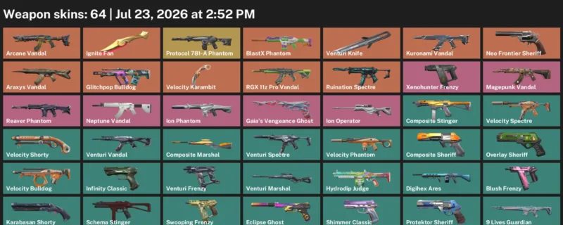 Valorant Accounts listing: LVL 205 · Ignite Fan & Velocity Karambit · 64 Skins - Silver 3, 64 skins