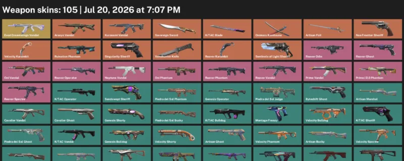 Valorant Accounts listing: LVL 303 · K/TAC Blade & Reaver Karambit · 105 Skins - Platinum 2, 105 skins