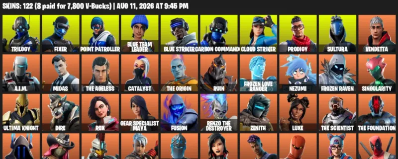 Fortnite account inventory for LVL 1847 - Trilogy - Fixer - 122 Outfits