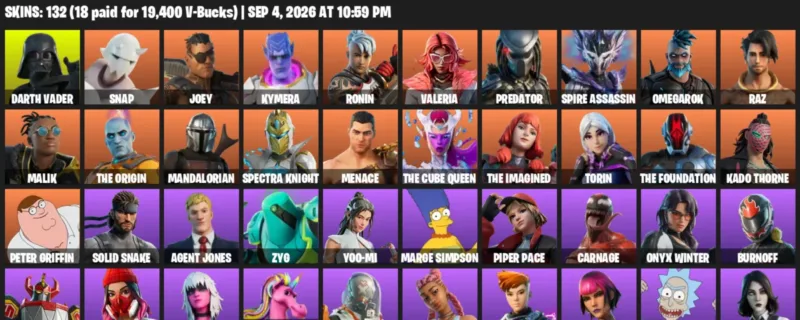 Fortnite account inventory for LVL 2313 - Darth Vader - Snap - 132 Outfits