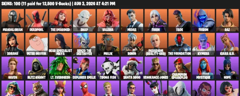 Fortnite account inventory for LVL 1940 - Mandalorian - Deadpool - 100 Outfits