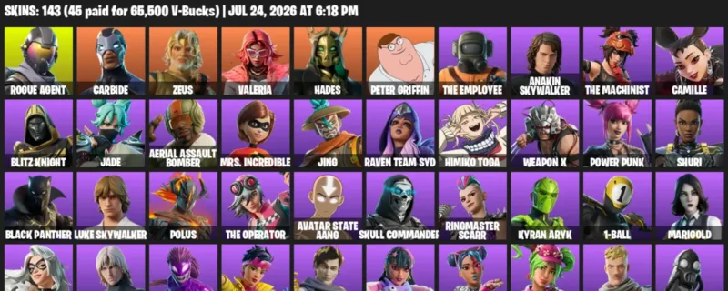 Fortnite Accounts listing: LVL 1210 - Rogue Agent - Carbide - 143 Outfits - 143 outfits