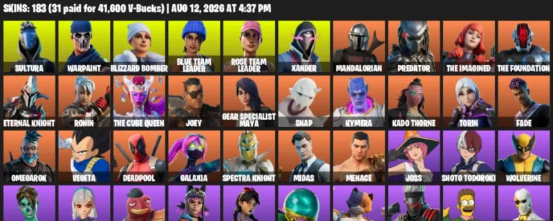 Fortnite account inventory for LVL 2351 - Sultura - Warpaint - 183 Outfits