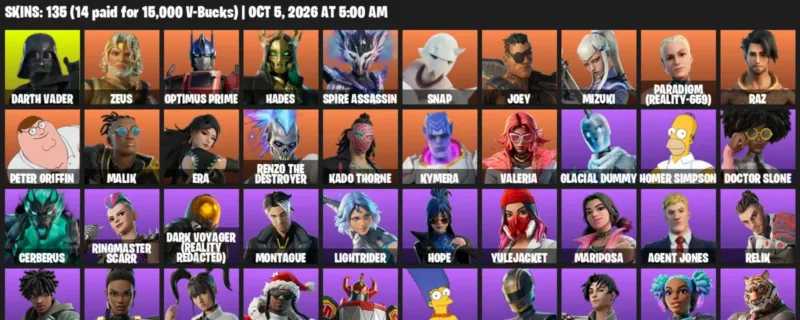 Fortnite account inventory for Darth Vader - Zeus - 120 Outfits
