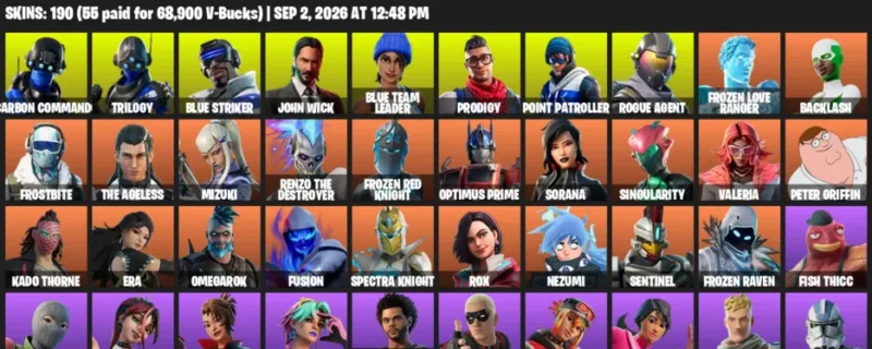 Fortnite account inventory for LVL 2885 - Carbon Commando - Trilogy - 190 Outfits