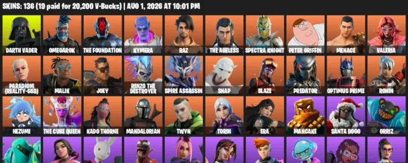 Fortnite account inventory for LVL 2829 - Darth Vader - Omegarok - 136 Outfits