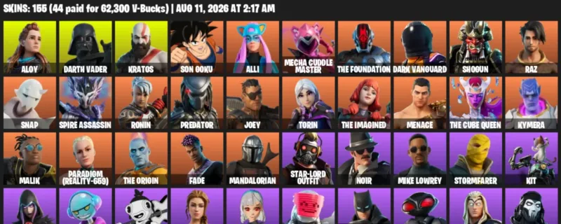 Fortnite account inventory for LVL 1394 - Aloy - Darth Vader - 155 Outfits