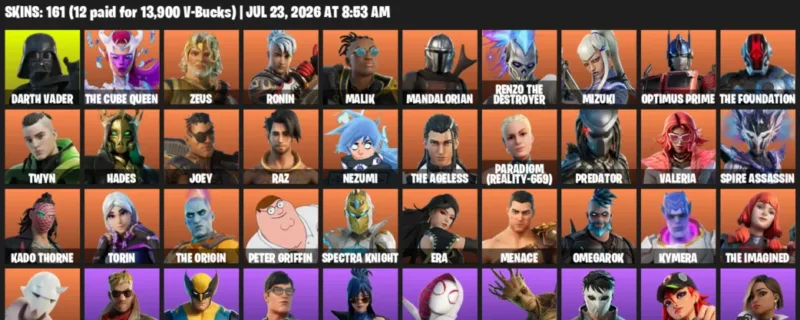Fortnite Accounts listing: LVL 3098 - Darth Vader - The Cube Queen - 161 Outfits - 161 outfits