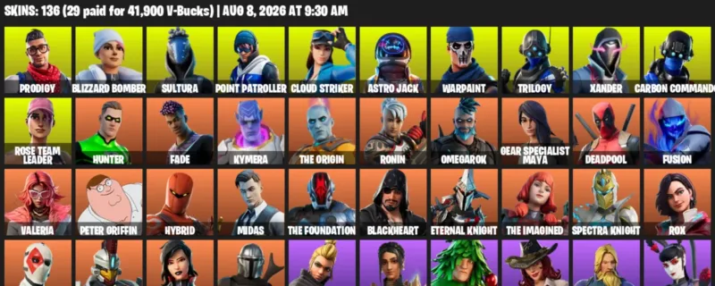 Fortnite account inventory for LVL 2267 - Prodigy - Blizzard Bomber - 136 Outfits