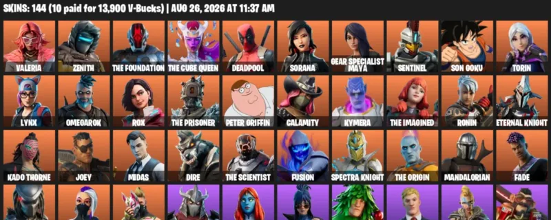 Fortnite account inventory for LVL 2160 - Valeria - Zenith - 144 Outfits