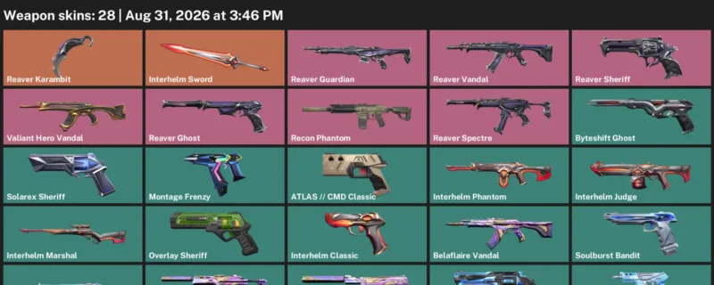 Valorant account inventory for LVL 179 · Reaver Karambit & Belaflaire Vandal