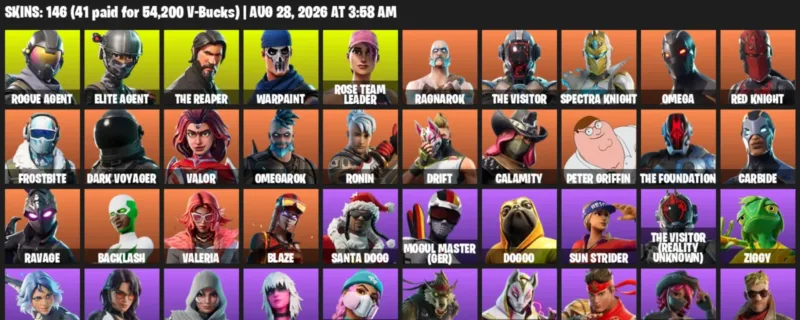 Fortnite account inventory for LVL 3392 - Rogue Agent - Elite Agent - 146 Outfits