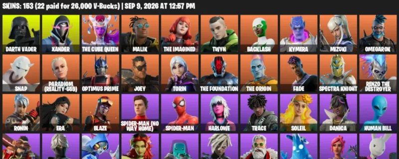 Fortnite account inventory for LVL 2311 - Darth Vader - Xander - 153 Outfits