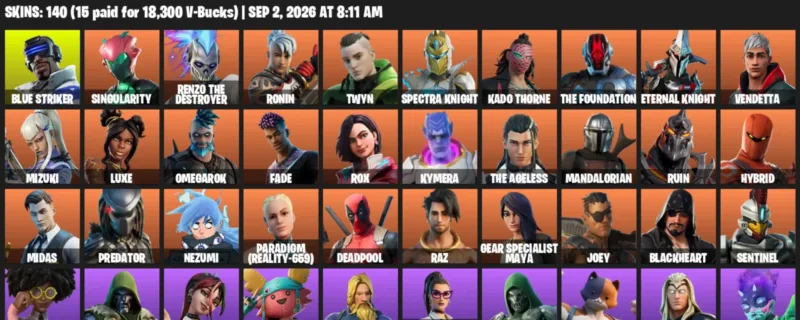 Fortnite account inventory for LVL 2296 - Blue Striker - Singularity - 140 Outfits