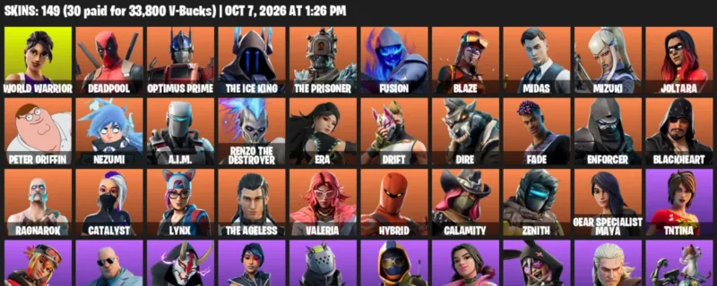 Fortnite account inventory for World Warrior - Deadpool - 120 Outfits
