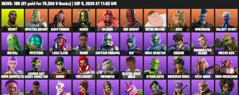 Fortnite account inventory for LVL 2536 - Scout - Spectra Knight - 186 Outfits